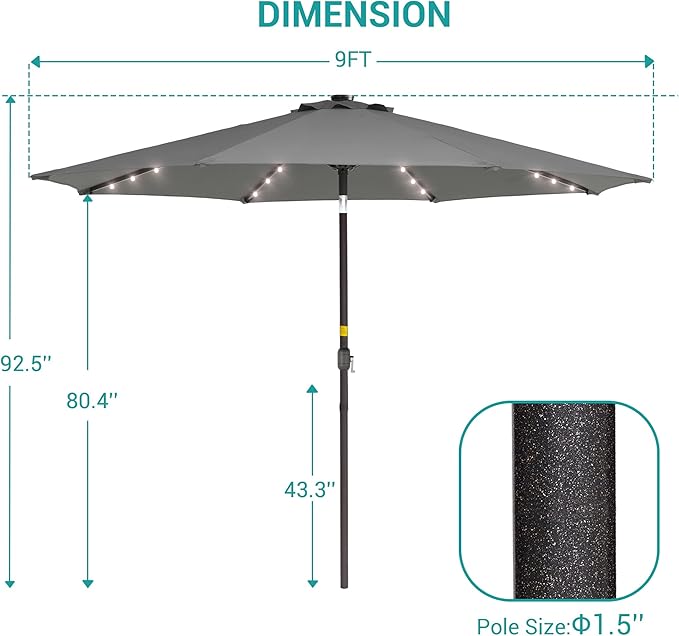 9ft Patio Umbrella Outdoor with Solar Lights,32 LED Lighted Table Market Umbrella with Tilt and Crank, 2-Year-Non-Fading, 8 Sturdy Ribs,for Pool, Deck, Garden,Backyard