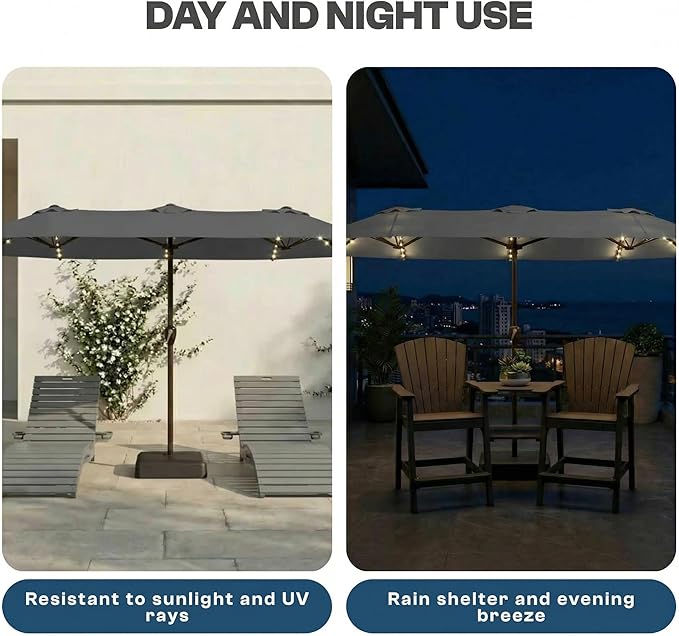 15FT Patio Umbrella with Solar Lights, Double-Sided Extra Large Outdoor Table Umbrella with Base Included, Heavy-Duty 12 Iron Ribs Market Umbrella for Garden, Pool, Backyard, Gray