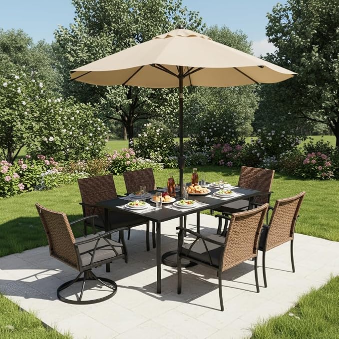 KEIKI Outdoor Dining Set, 7 Pieces Patio Furniture Set with Steel Tabletop and Swivel Chairs, Wicker Table and Chairs Set with Umbrella Hole for Backyard, Garden and Deck