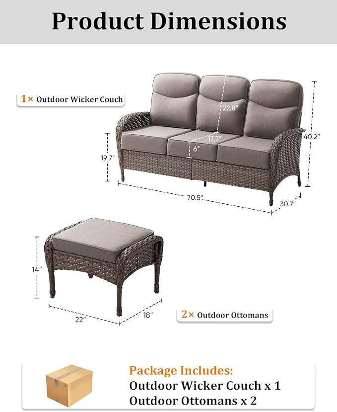 3-Piece Luxury Patio Furniture Sofa Set with 6-Inch Thick Cushions– Outdoor Wicker Conversation Set with Covered Couch, Multifunctional Ottoman & All-Weather Seating for Backyard, Porch, Garden Gray
