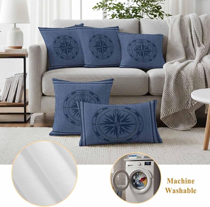 Compass Navigation Outdoor Waterproof Throw Pillow Covers Set of 2, 16"x16", Guide Letter Printing Decorative Pillow Covers Outside Cushion Case for Patio Porch Garden