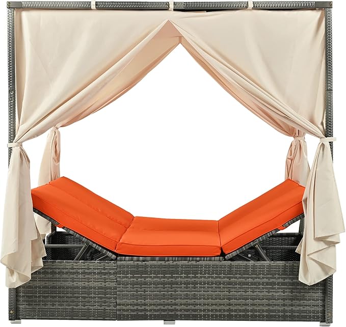 KEVINSPACE Outdoor Daybed with Curtain Canopy Bed Patio Furniture Adjustable Sunbed Set All-Weather Rattan Sun Lounger Patio Wicker Sofa Set Patio Conversation Set Curtains for Garden Yard Orange