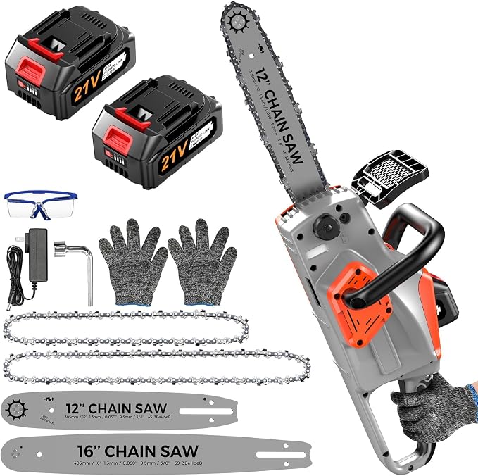 Battery Powered Chainsaw,12" & 16" Dual Guide Plate.21V Electric Cordless Chainsaw with 2 Batteries and Charger.Brushless Chain Saw Kit with Safety Goggles and Gloves for Tree Pruning and Wood Cutting