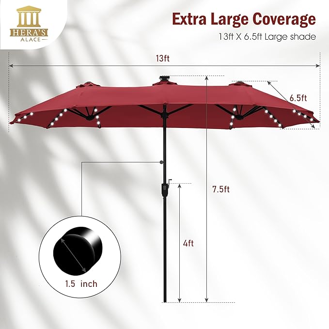 HERA'S PALACE 13ft Patio Umbrella with 120 LED Solar Lights Double Sided Outdoor Umbrella for Patio 8 Colors Changing Table Umbrella Outdoor Patio for Garden Pool