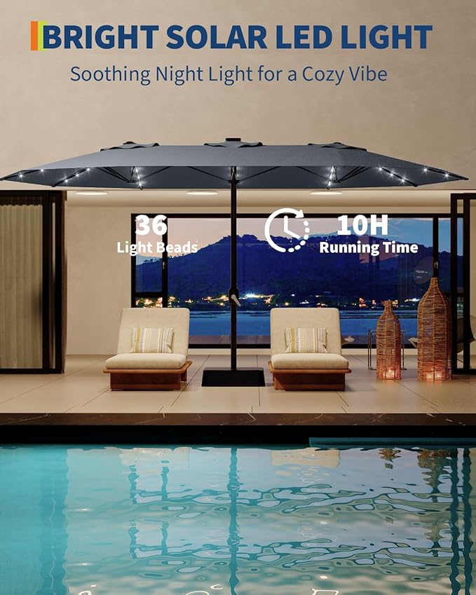 15FT Solar Patio Umbrella with 36 LED Lights, Weighted Base Included, Tilt and Crank Market Umbrella for Backyard, Garden, Deck, Pool, Beach