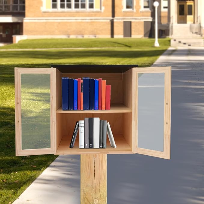 Outdoor Library Book Box, 2-Tier Literature Exchange Kit, 18.5" Tall Outdoor Wood Cabinet for Sharing Books Community Literature, Flyers, Newspapers, Food Art