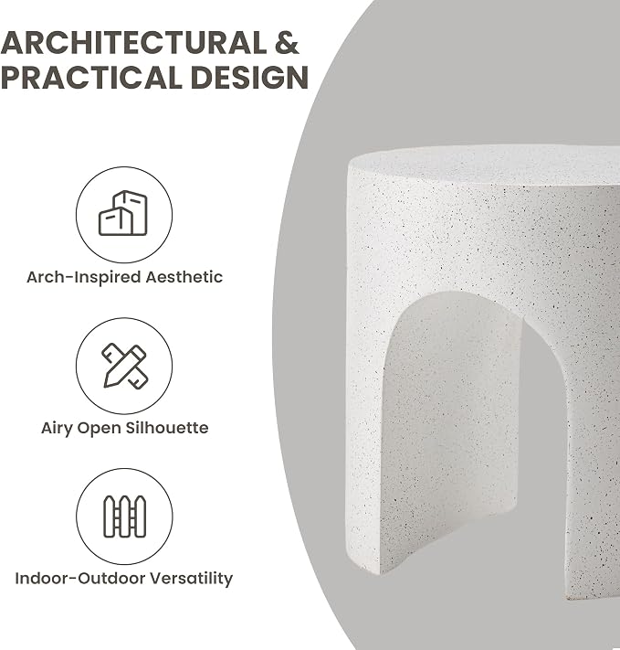 COSIEST White Outdoor Side Table, 15.7" Modern Concrete End Table with Arched Open for Patio, Small Round Outside Accent Table & Plant Stand for Garden, Porch, Deck, Balcony