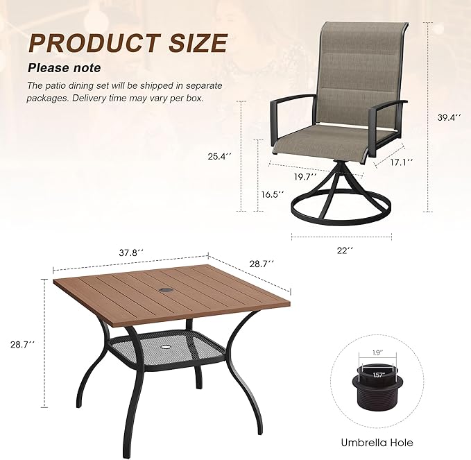 VICLLAX 5 Pieces Outdoor Dining Set, Patio Furniture Set Includes 38" Square Metal Table W/ 1.9" Umbrella Hole and 4 Padded Textilene Swivel Chairs for Porch, Lawn, Garden, Backyard