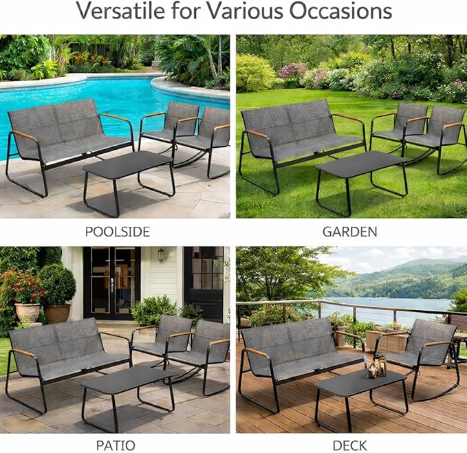 Kozyard 4-Piece Outdoor Patio Furniture Set with Textilene Chairs, Metal Conversation Set, Tempered Glass Coffee Table, Powder-Coated Steel Frame for Garden, Poolside, Backyard Gray