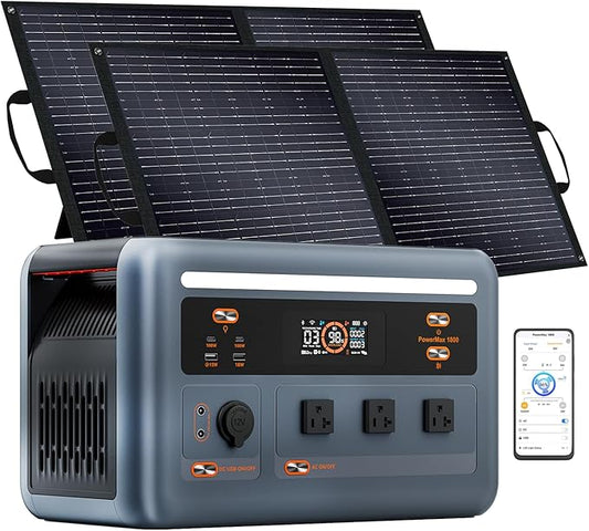 OSCAL 1800W Solar Generator with 2x100W Solar Panels PowerMax 1800SE, 1024Wh LiFePO4 Battery Generator with 3 AC Outlets (3600W Surge), 800W AC Charging, WI-FI/Bluetooth APP Control (PM1800SE+2X100W)