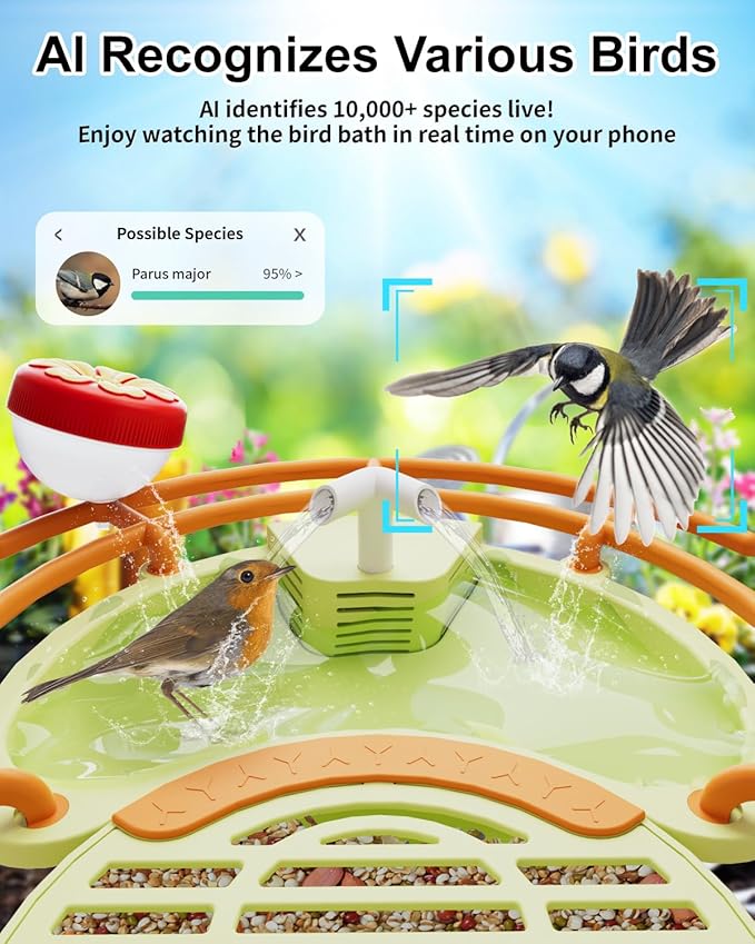 Bird Feeder with Camera, 2K HD Birds Camera with Solar Water Fountain, Smart BirdCamera with APP Control, Night Vision, Motion Detection Alerts, IP66 Birdfeeder for Backyard Garden