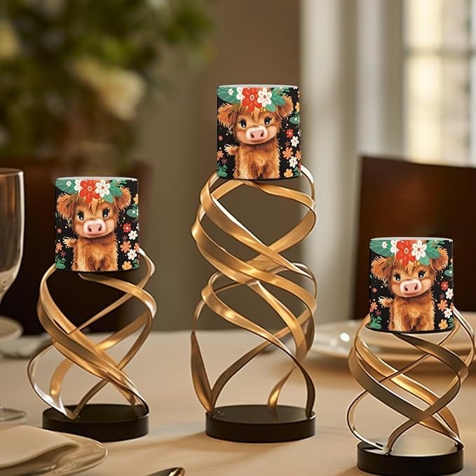 3 inch Flickering Color Changing LED Candles Set of 4 Floral Cute Highland Cow Print Flameless Eletric Pillar Candles with Remote Timer Control Home Decor