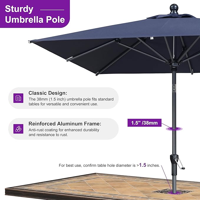 PURPLE LEAF 6.5' x 6.5' Square Patio Market Umbrella with Base Outdoor Table Umbrellas Aluminum Frame Sun Shade with 8 Sturdy Ribs Tilt for Garden Deck Lawn Pool Navy Blue