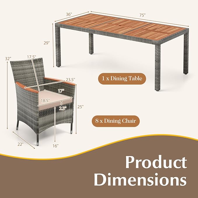 HAPPYGRILL 9 Pieces Patio Dining Set for 8, Outdoor Acacia Wood Table and Rattan Chairs with 2" Umbrella Hole, Cushions, Wicker Outdoor Dining Furniture Set for Backyard, Garden, Deck (Off White)