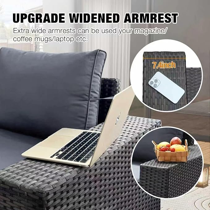 JOYURE 7 Pieces Patio Furniture Set All-Weather Outdoor Wicker Sectional Conversation Sofa Rattan Patio Seating Sofa with Cushion and Glass Table for Porch Poolside,Grey
