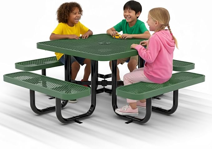 Square Metal Picnic Tables for Kids for Outdoors with Umbrella Hole, Adjustable Seats for School, Park, Playground (Green, 38 in, Kids, Square)