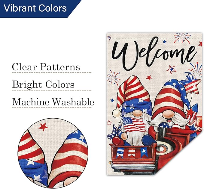 Louise Maelys 4th of July Welcome Garden Flag 12x18 Inch, Patriotic Gnome Yard Flag, Red White Blue Independence Day Outdoor Double Sided Banner Sign for Lawn Porch & Front Yard Decor