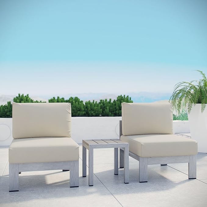 Modway Shore 3-Piece Aluminum Outdoor Patio Furniture Set in Silver Beige