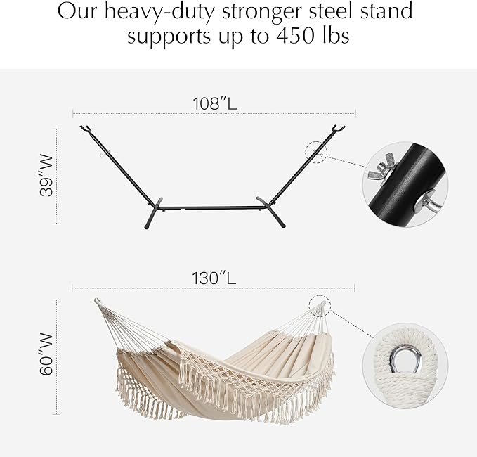 PNAEUT Handmade Tassel Hammocks, Double Hammock with Stand for Outside, Max 450 lbs Capacity, Pillow & Storage Bag Included (Beige)