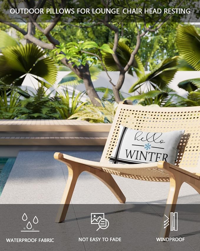 Outdoor Pillows Covers with Inserts Christmas Hello Winter Snowflake Black Line Waterproof Recliner Pillow with Adjustable Strap Throw Pillows for Patio Furniture Pool Lounge Chair, 11x16 inch, 1PCS
