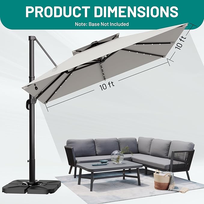 AreShark 10×10FT Solar LED Cantilever Umbrella, Double-Top Outdoor Patio Offset with 360 Degree Rotation, Square Offset Hanging Umbrella for Garden Deck Pool, Light Grey