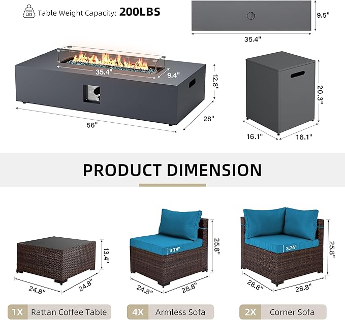 UPHA 9 Pieces Patio Furniture Sets, Wicker Outdoor Sectional Sofa Couch with Rectangle Propane Pit for Deck Backyard Garden, Brown Rattan, Deep Lake Blue Cushion