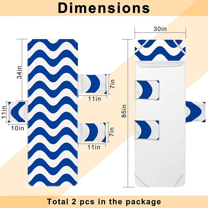 Lounge Chair Towel Cover, Chaise Lounge Cover (Pack of 2), Beach Chair Covers with 3 Pockets for Pool Sunbathing Beach Garden Courtyard Outdoor Trips, 85 x30 in, Wavy Striped Dark Blue