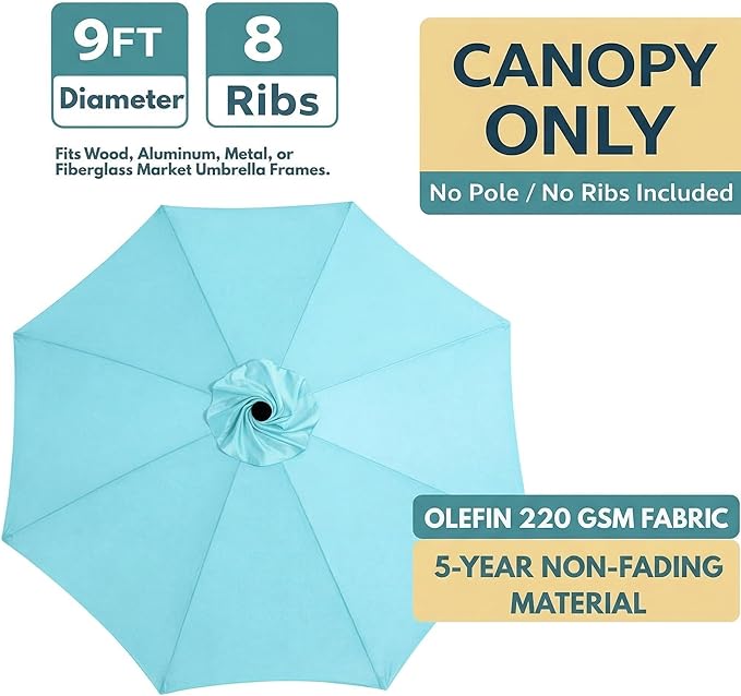 Sfmora OLEFIN 5-Year Non Fading 9ft 8Ribs Patio Umbrella Replacement Canopy, Outdoor Umbrella Canopy, Umbrella Top ONLY (Color)