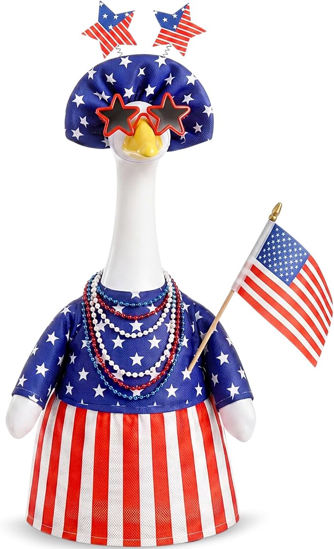 4th of July Porch Goose Outfit American Flag Goose Dress 250th Anniversary Red White and Blue Clothes with Star Headband Costume, Veterans Day Patriotic Yard Decor for 23" Gooses Statue