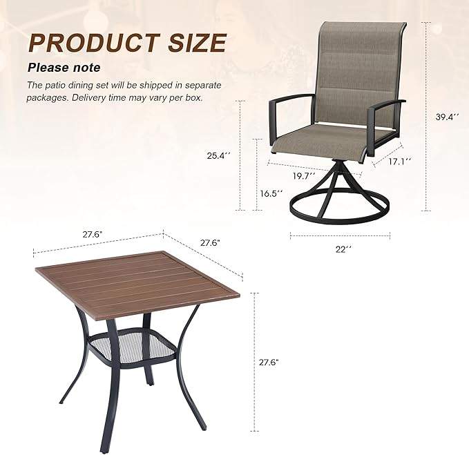 VICLLAX 3 Pieces Outdoor Dining Set, Patio Furniture Set Includes 27.6" Square Metal Table W/ 1.9" Umbrella Hole and 2 Padded Textilene Swivel Chairs for Porch, Lawn, Garden, Backyard