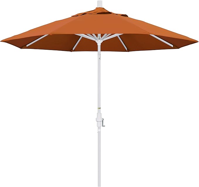California Umbrella 9' Round Aluminum Patio Umbrella, Crank Lift, Collar Tilt, White Pole, Tuscan