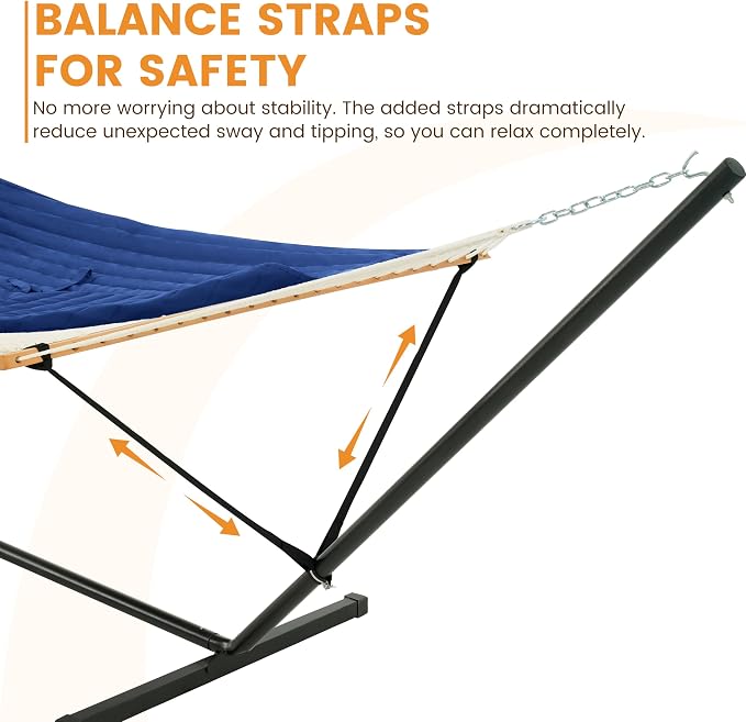 Lazy Daze Hammocks 2 Person Portable Hammock with 12FT Stand, 10.5FT Double Hand Woven Cotton Rope Hammock with Detachable Quilted Pad & Pillow for Outside, 450lb Capacity, Navy Blue