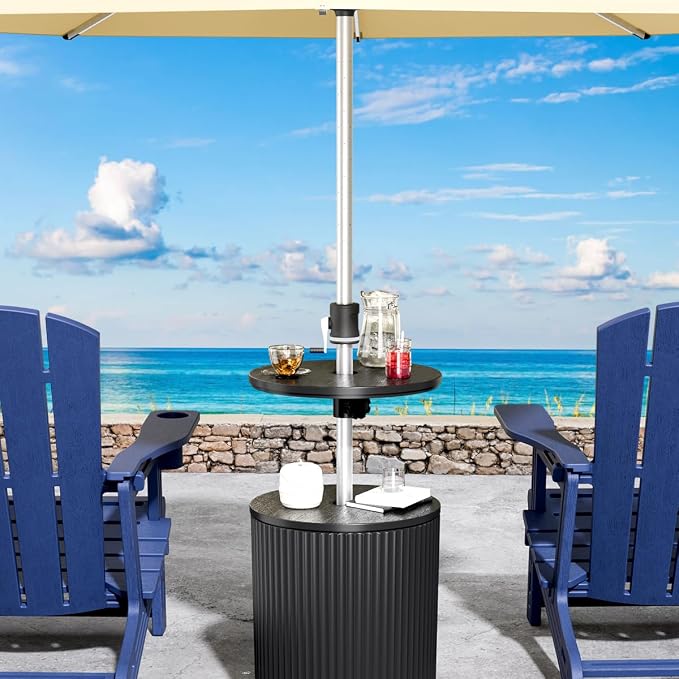 Patio Umbrella Table Tray with 1.5" Hole, Plastic Outdoor Side Table with Adjustable Knob, All-Weather, for Poolside, Backyard, Deck, 2pcs, Black