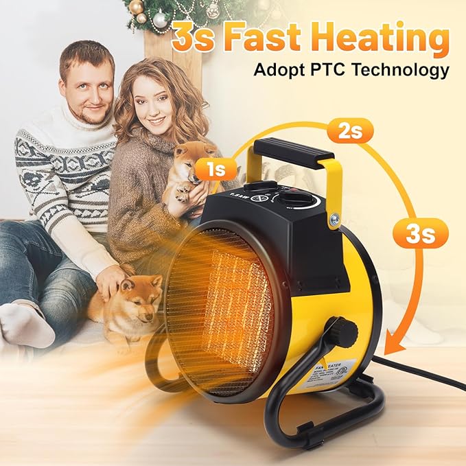 Greenhouse Heater with Thermostat, 1500W Outdoor Heaters for Patio, 3S Fast Heating & 3 Heat Modes, Overheat Protection, Electric Space Heater for Patio, Garage, Greenhouse, Bedroom (Yellow)