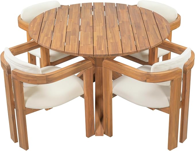VilroCaz Acacia Wood Outdoor Dining Set for 4, All-Weather Outdoor Round Dining Table and 4 Barrel Chairs & Removable Cushions, 5-Piece Patio Furniture for Backyard Deck Poolside (Beige-ZD)