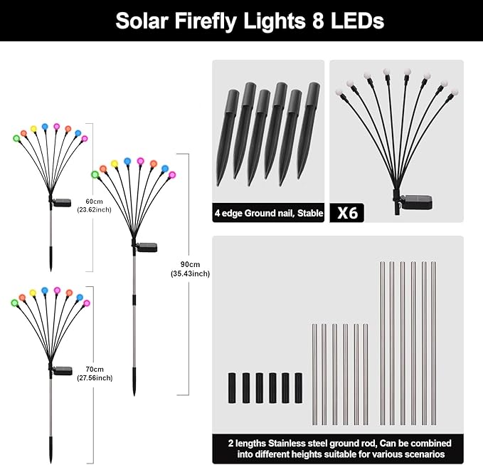 Solar Firefly Lights Outdoor, 8 Mode RGB Color Changing Swaying Flashing Firefly Garden Lights Solar Powered Waterproof for Outside Yard Pathway Christmas Garden Decor Multicolor (6 Pack)