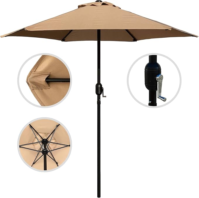 7.5 Feet Outdoor Umbrella with Crank Weather Resistant Umbrella Durable 6 Sturdy Steel Ribs Market Outdoor Table Umbrella Tan