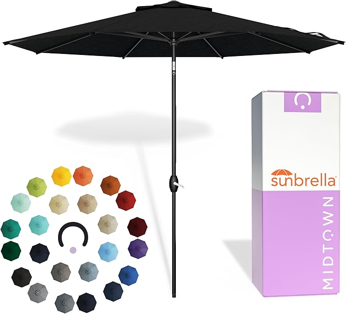 Midtown Umbrellas - The Lean 8 Ft Patio Umbrella with Fade-Resistant Sunbrella Fabric, Auto-Tilt Aluminum Frame and 8 Reinforced Ribs for Deck, Pool & Garden - Spectrum Carbon Canopy, Black Pole