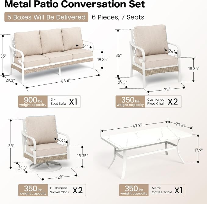 SUNSHINE VALLEY 6 Piece Metal Outdoor Patio Furniture Set, Patio Conversation Set 1 3-Seater Sofa, 2 Fixed Sofa, 2 Swivel Chair with 5.75" Thick Cushion & Coffee Table White Backyard Furniture, Beige