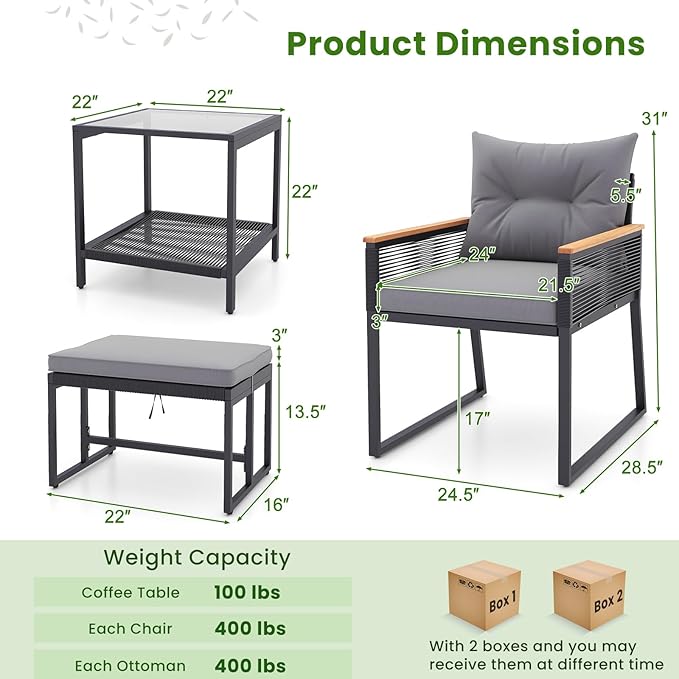 Tangkula 5 Pieces Outdoor Conversation Set, Patio Rattan Armchairs with 2-Tier Side Table & 2 Ottomans, Acacia Wood Armrests & Heavy-Duty Metal Frame, Patio Chairs Set for Porch, Poolside (Grey)