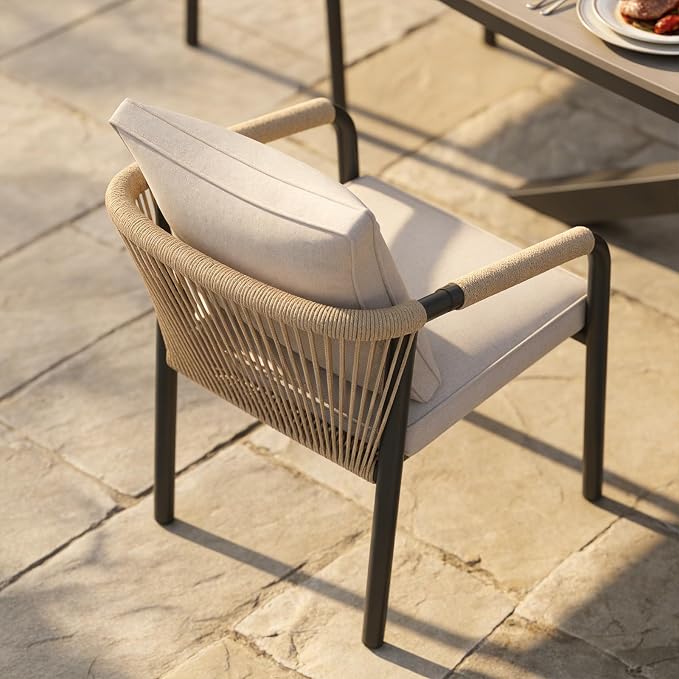 SUNSITT 7 Piece Outdoor Patio Dining Set, Patio Dining Furniture Set with 87” Aluminum Dining Table w/X Base Legs and 6 Woven Wicker Patio Chairs w/Curved Backrest for Garden, Dark Grey