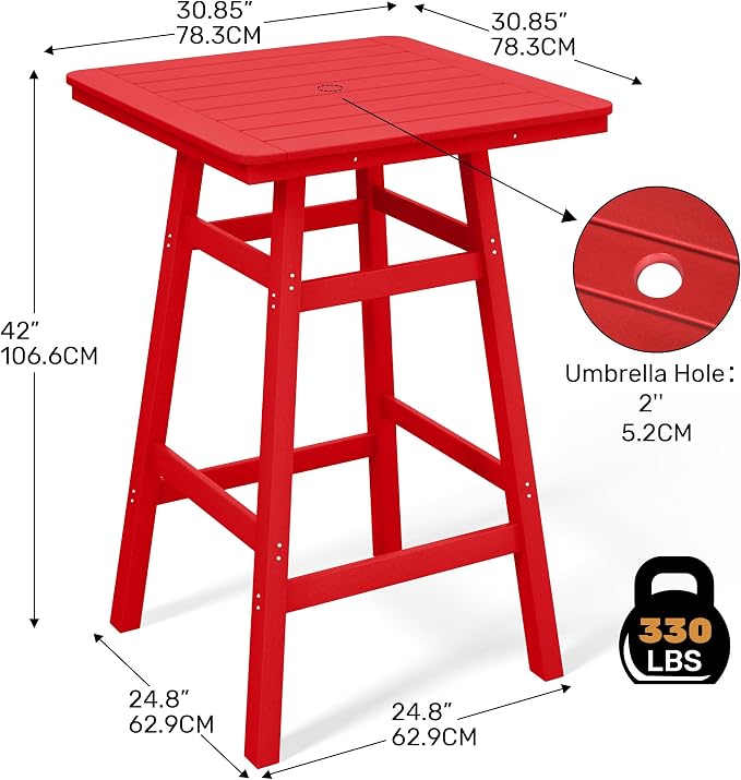 Costaelm Outdoor Bar Table, 42" Counter Height Square Patio Cocktail Bar Table with Umbrella Hole, Patio Bistro Dining Pub Table for Front Porch Deck Backyard Garden, Red