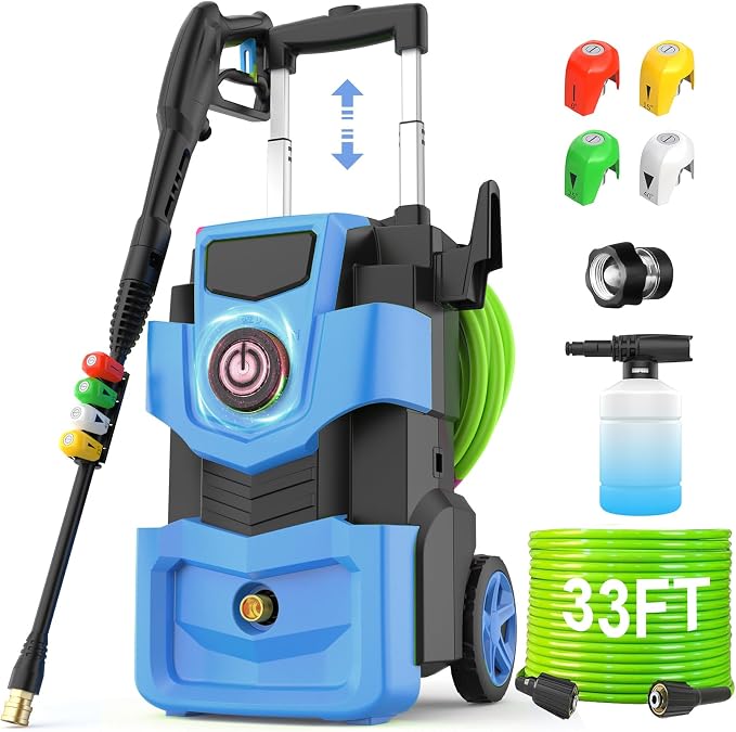 Adjustable 𝐏𝐫𝐞𝐬𝐬𝐮𝐫𝐞 𝐖𝐚𝐬𝐡𝐞𝐫 𝟓𝟎𝟎𝟎𝐏𝐒𝐈 with 33FT Pipe, 4 Nozzles, 500ml Soap Bottle, Best for Cars, Patios, Fency, Garden Cleaning, Deep Blue