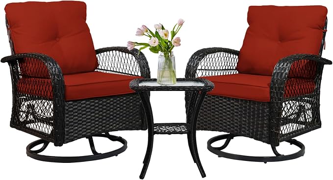 SHGJ&SOFT 3 Piece Patio Furniture Set, 2 Outdoor Swivel Rocking Chairs with Side Table, Wicker Glider Chairs, All-Weather Rattan Bistro Set for Porch, Deck, Pool (Red, Brown Open-Weave Rattan)