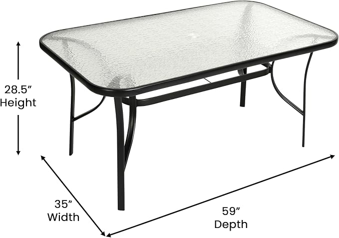 Merrick Lane Bardwell 7-Piece Outdoor Dining Table Set for 6, Glass Top Table with Hole for Umbrella, 6 Breathable Textilene Stackable Patio Chairs, Black/Black