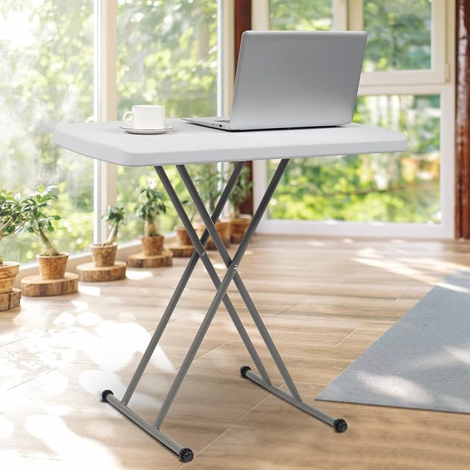 Outvita Folding Table, Indoor Outdoor Dinner Table with X Legs and Hard Plastics Tabletop 13" to 28" Adjustable Height White