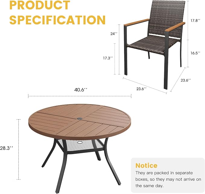 VICLLAX Patio Dining Set for 4, 40.7" Walnut Round Table & Rattan Chairs