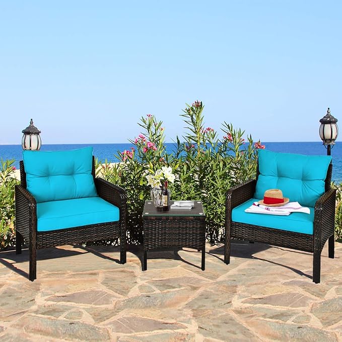 ORALNER 3-Piece Patio Conversation Set, All-Weather Wicker Sofa Chair and Coffee Table Set with Thick Cushions, Outdoor Furniture, Rattan Bistro Set for Balcony Deck Porch Poolside Garden (Turquoise)