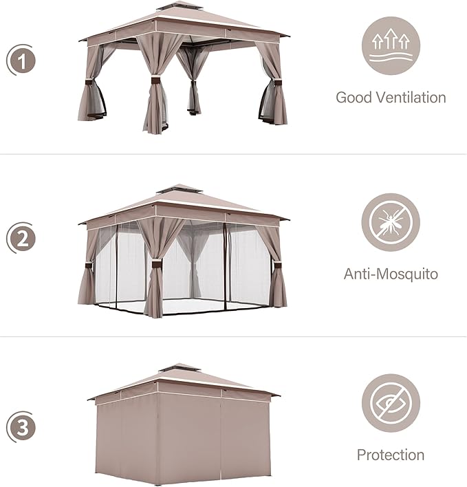 LAUSAINT HOME 12'x12' Outdoor Gazebo, Metal Frame Heavy Duty Patio Canopy Tent Shelter with Double Roofs, Mosquito Nettings and Privacy Screens for Backyard, Garden, Lawn, Classic Khaki