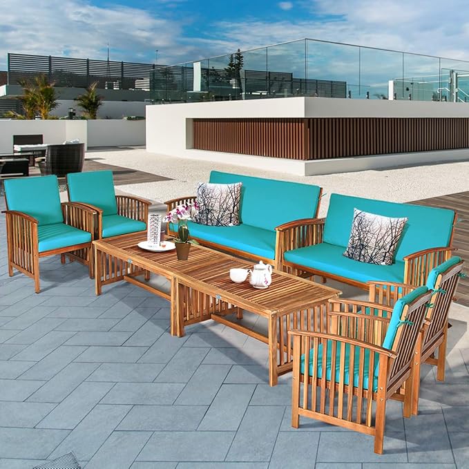 Tangkula 8 PCS Outdoor Acacia Wood Sofa Set w/Water Resistant Cushions, Padded Patio Seating Chat Set w/Coffee Table for Garden, Backyard, Poolside (2, Turquoise)